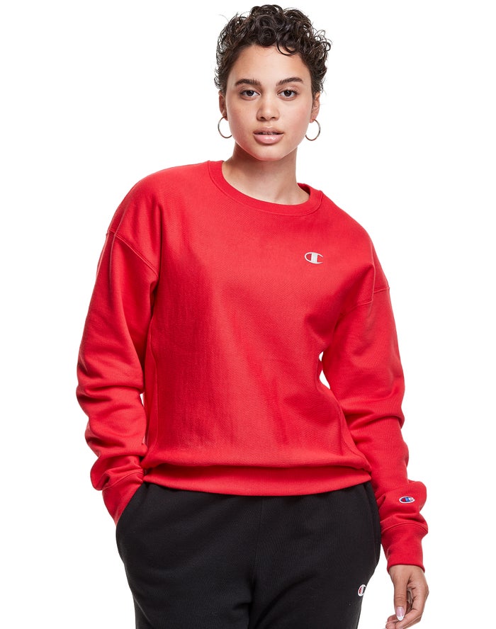 Champion Womens Sweatshirt NZ - Reverse Weave Crew C Logo Red ( 1630-RVGBK )